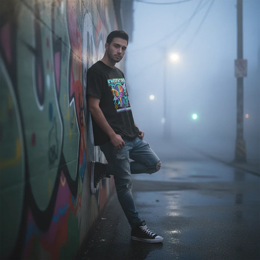 Man in graphic t-shirt and ripped jeans leaning on graffiti wall in foggy urban street