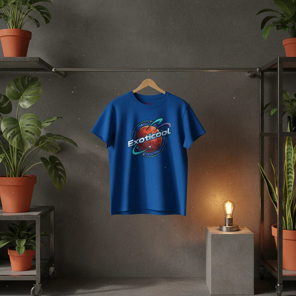 Blue ExoticooL t-shirt with space planet graphic, hanging in modern room with potted plants