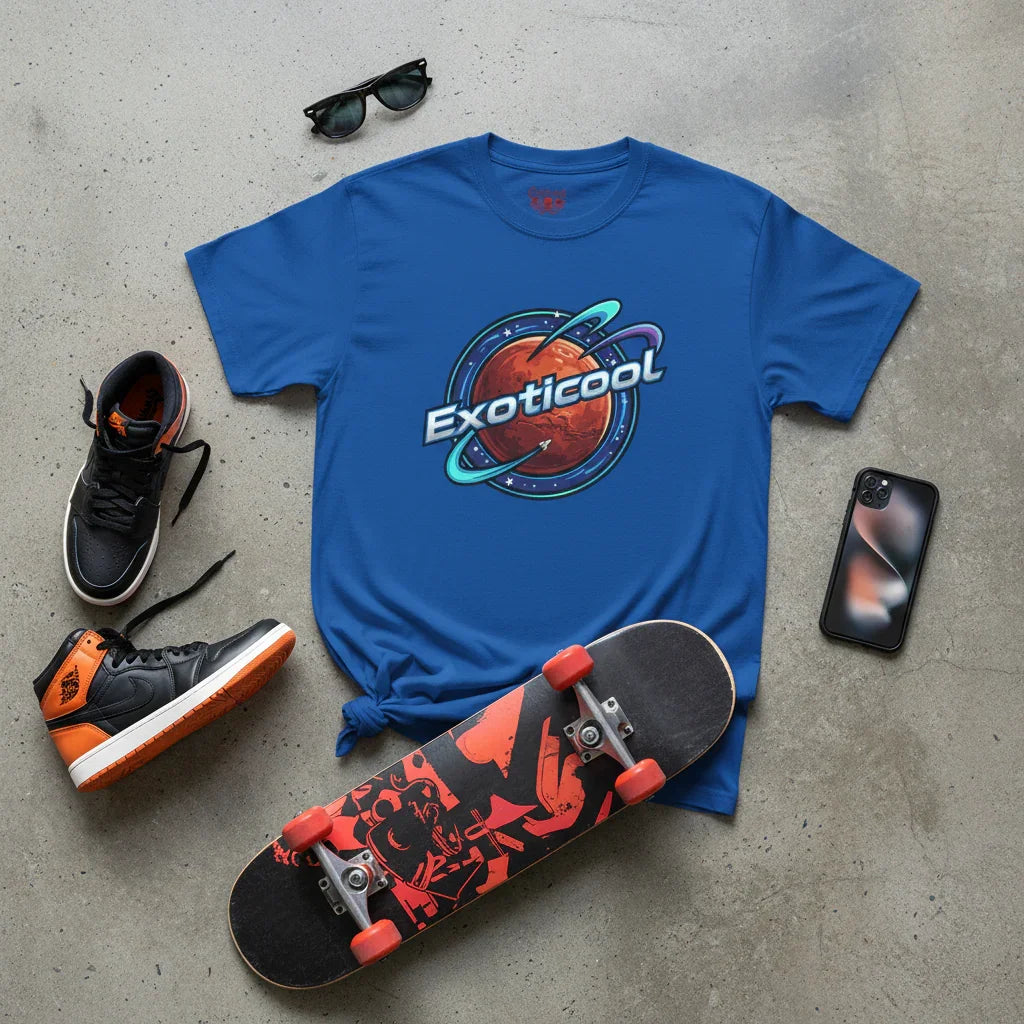 Blue Exoticool t-shirt with planet graphic, skateboard, black-orange sneakers, sunglasses, phone
