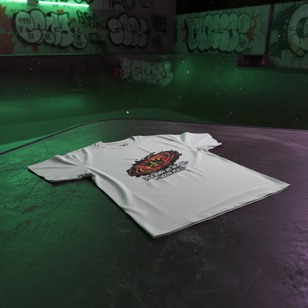 White graphic t-shirt with pumpkin design on a skate park floor, graffiti in background.
