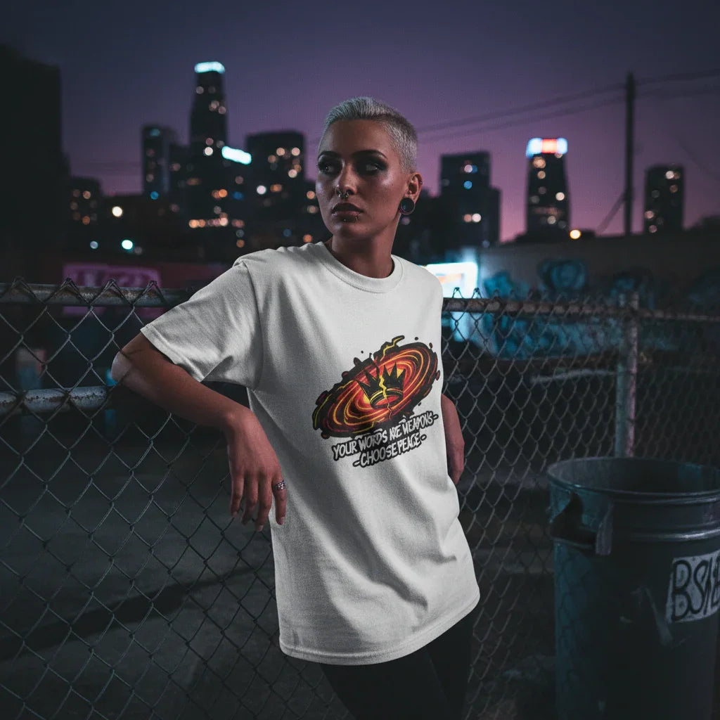 Woman in graphic t-shirt by chain link fence at night, city skyline in background, street style