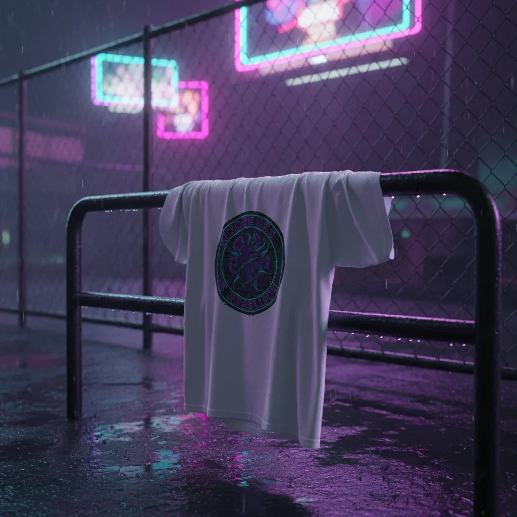 White graphic t-shirt on rail in neon-lit urban setting with wet pavement