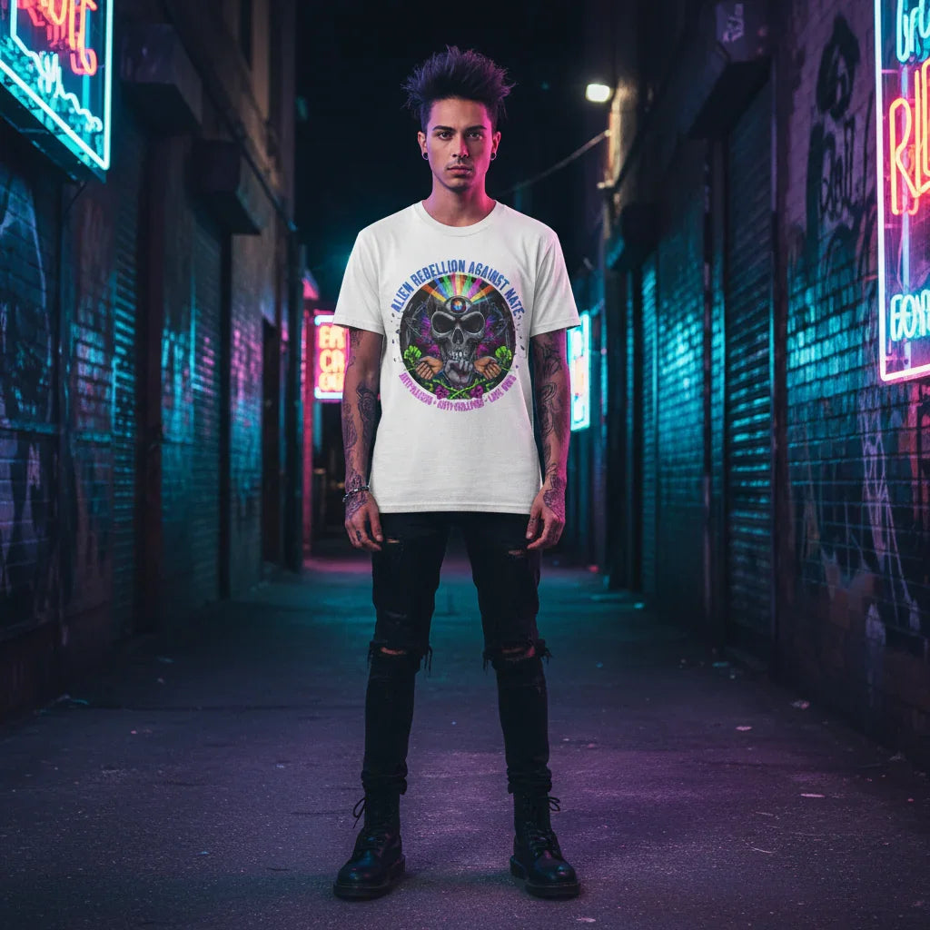 Tattooed man in graphic tee with skull design stands in neon-lit urban alley at night
