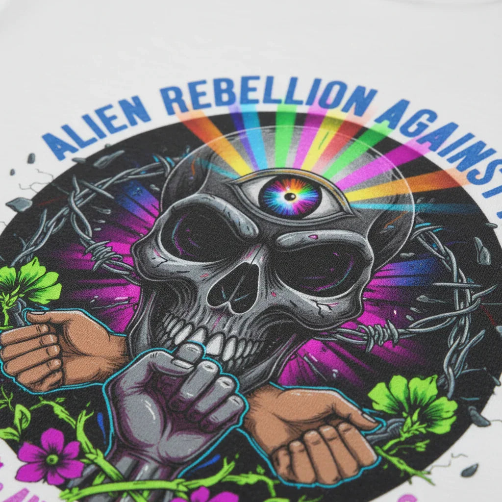 Psychedelic third-eye skull graphic with rainbow rays, fists, barbed wire, and flowers on t-shirt
