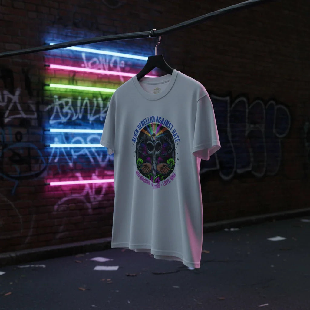 White graphic tee with alien design and text, hanging in urban alley with neon lights and graffiti.
