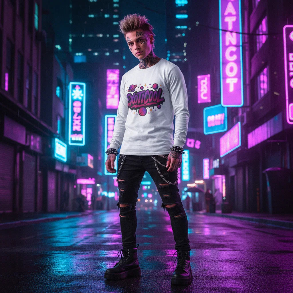 Tattooed man in 'Exoticool' graphic shirt standing on neon-lit city street at night