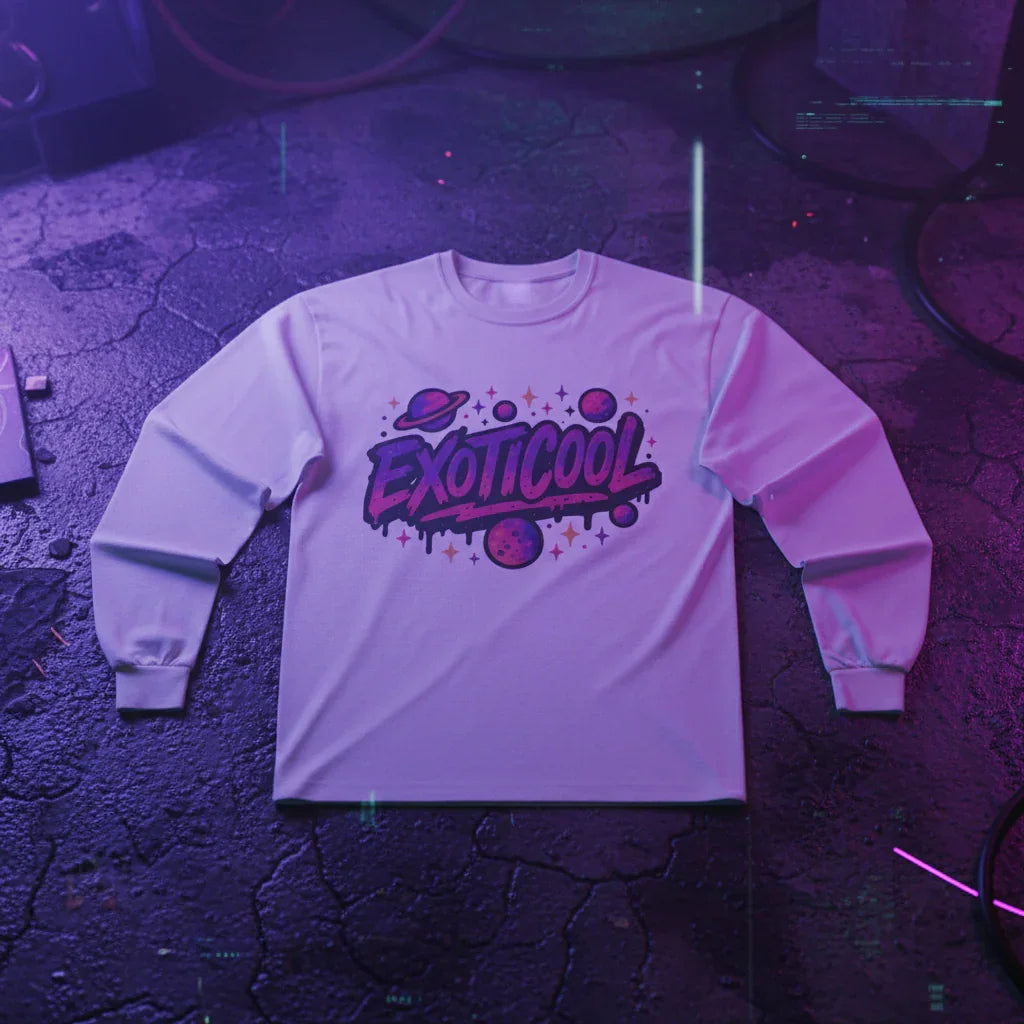 White EXOTICOOL graphic long sleeve shirt laid on textured floor with neon lighting