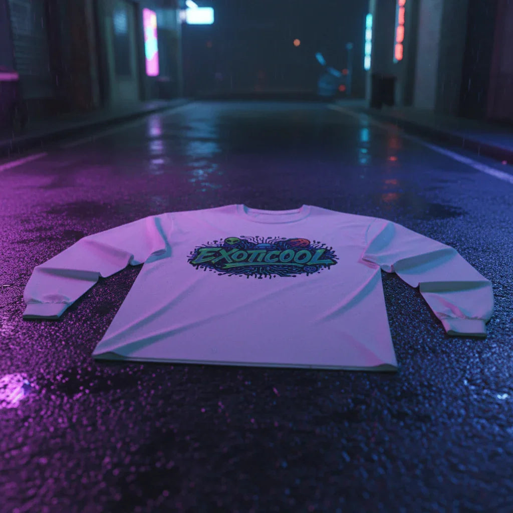 Exoticoool graphic long sleeve shirt on wet neon-lit street at night