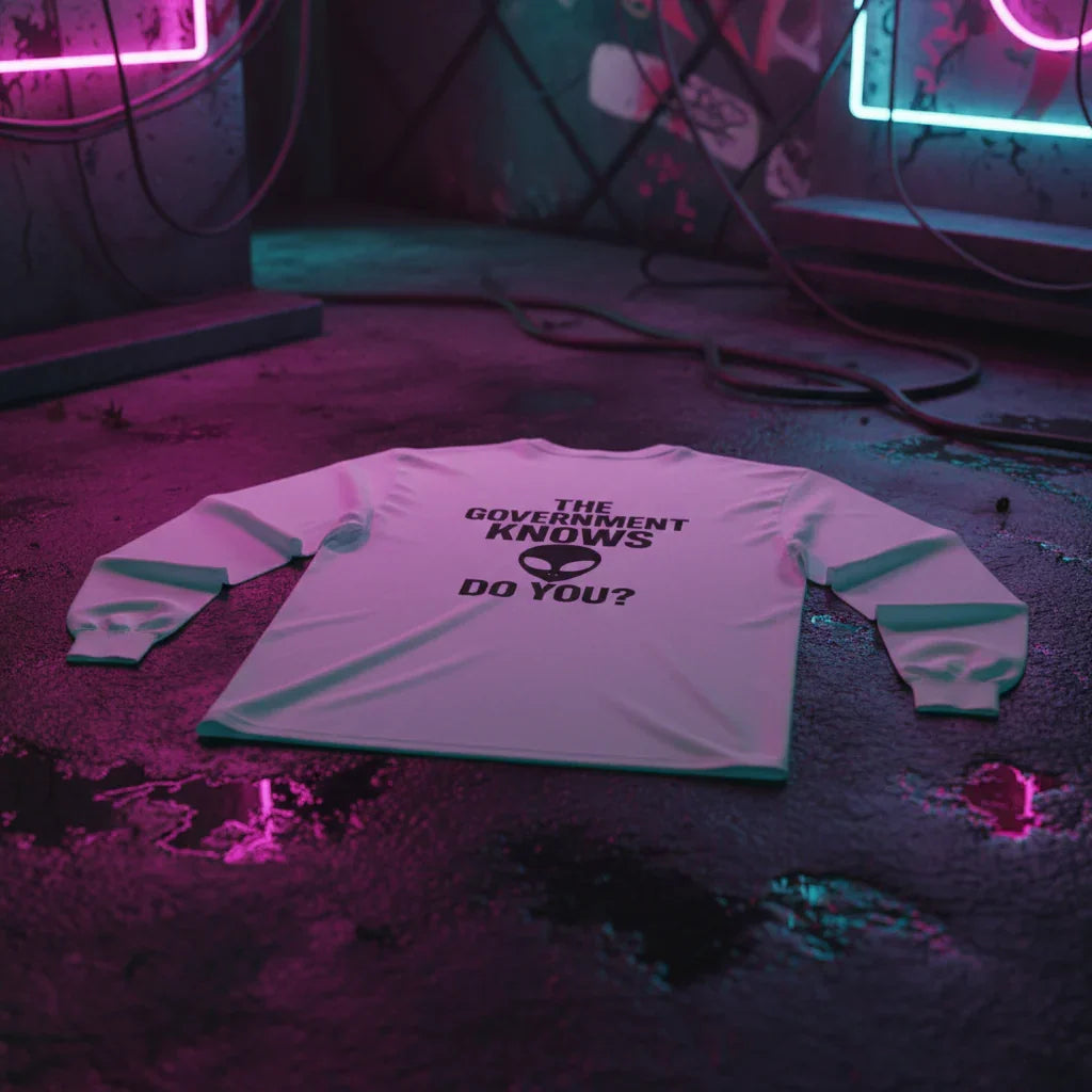 Alien graphic long sleeve shirt with 'The Government Knows Do You?' text in neon urban setting