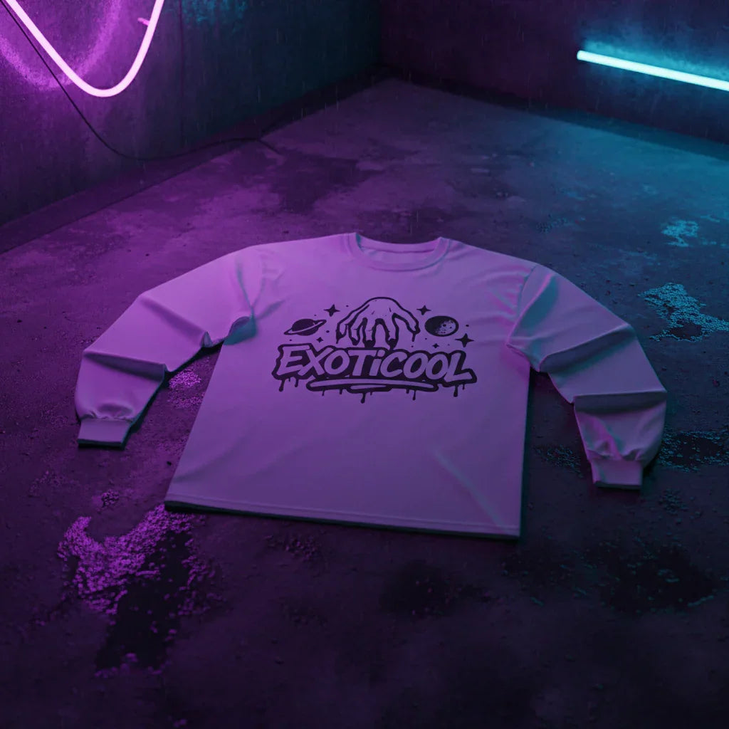 EXOTICOOL graphic sweatshirt under neon lights on a concrete floor, streetwear aesthetic