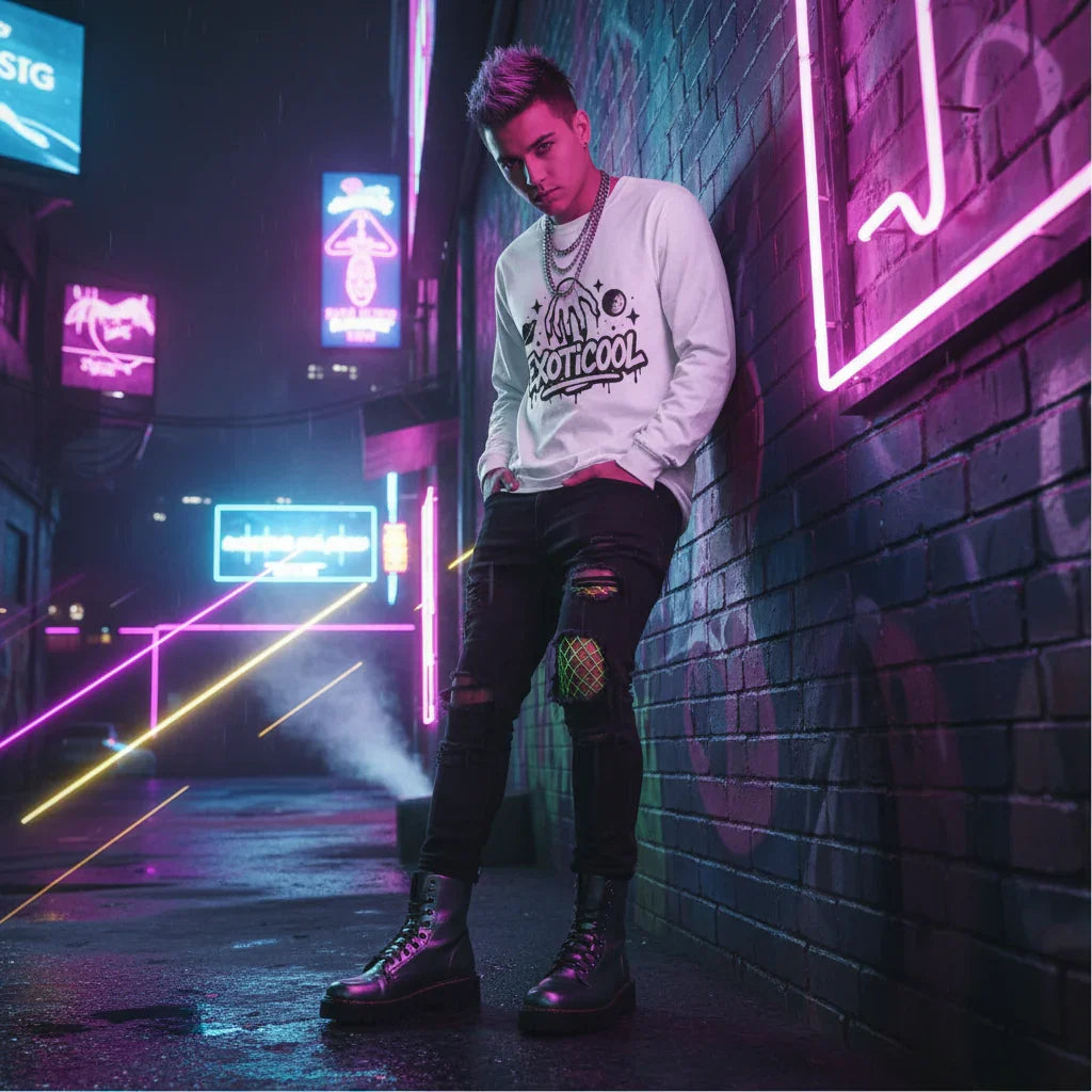 Man in EXOTICOOL sweatshirt leans on neon-lit brick wall in urban night alley, street style