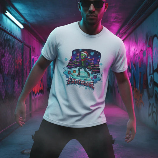 Man in white Christmas alien graphic t-shirt, sunglasses, neon graffiti urban tunnel.