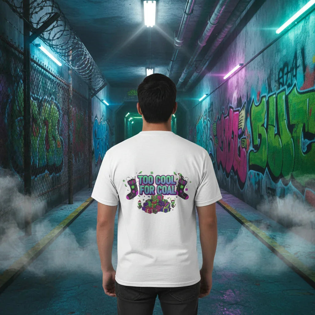 Man in white 'Too Cool For Coal' t-shirt in neon-lit graffiti tunnel, streetwear style