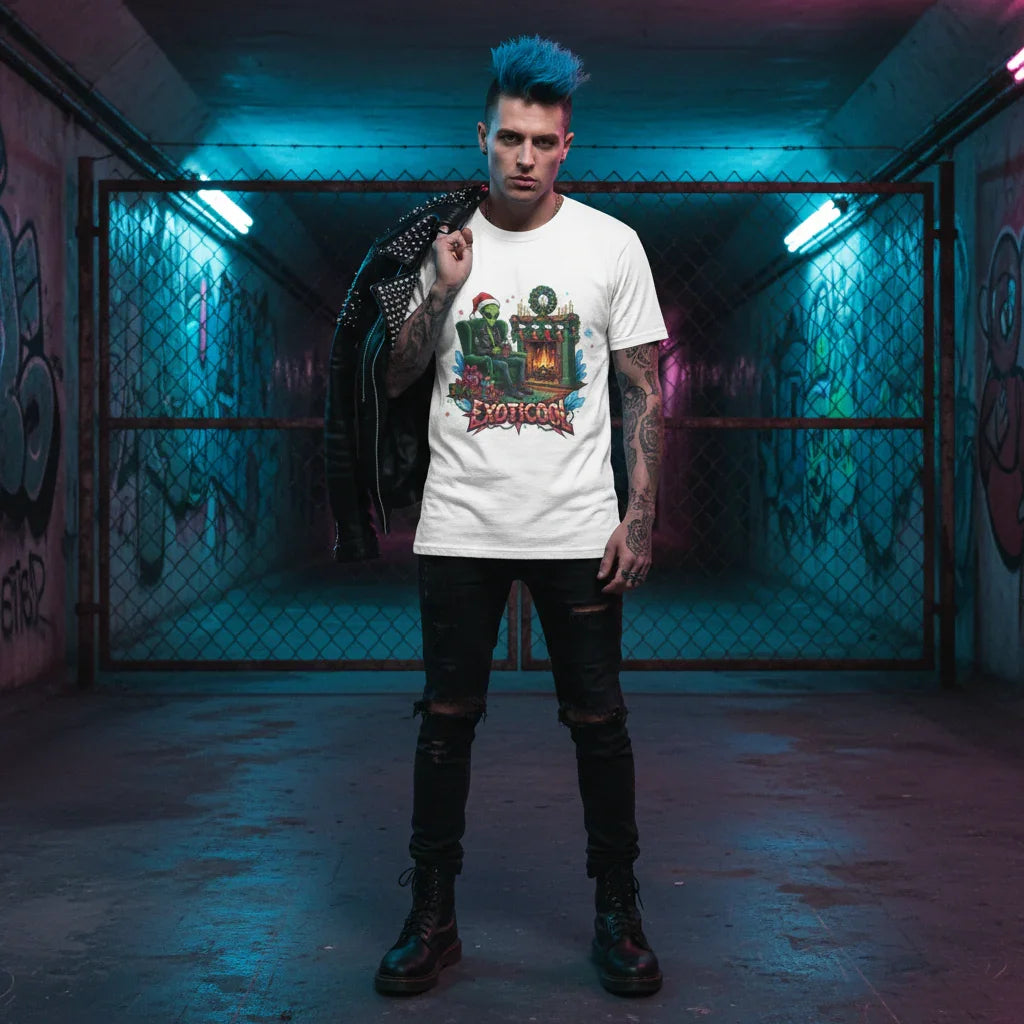 Man with blue hair wearing Exoticon graphic t-shirt, leather jacket, urban graffiti tunnel