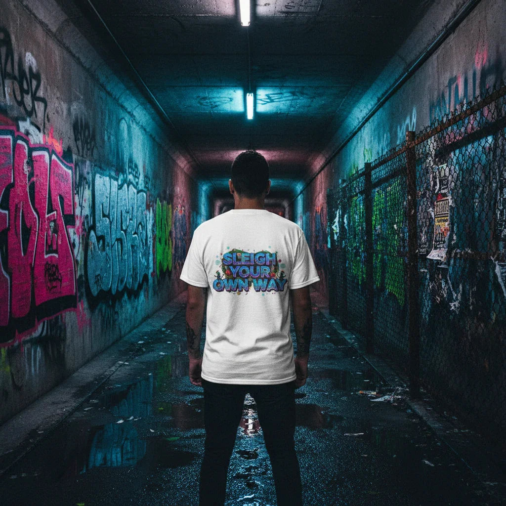 Man wearing 'Sleigh Your Own Way' graphic t-shirt in graffiti-covered urban tunnel