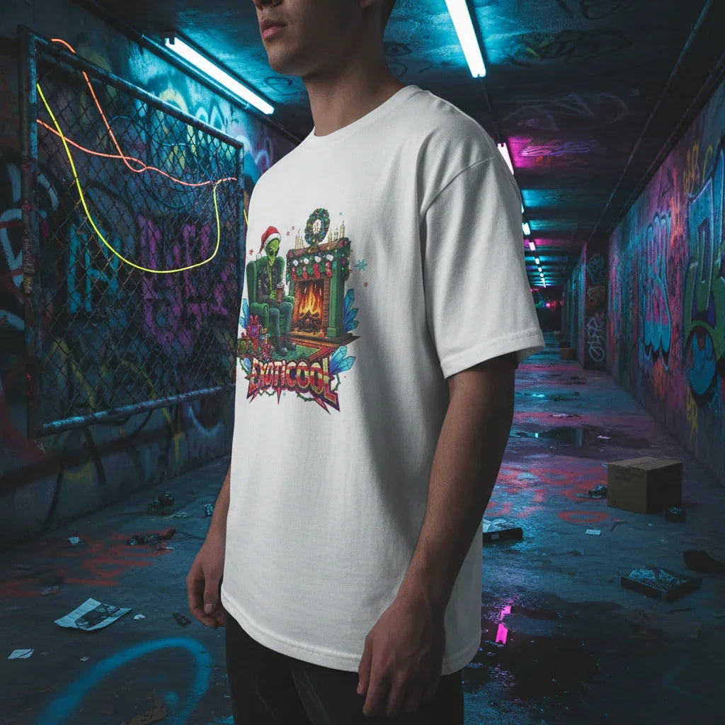 Man in white Exoticoool graphic t-shirt standing in neon-lit graffiti tunnel