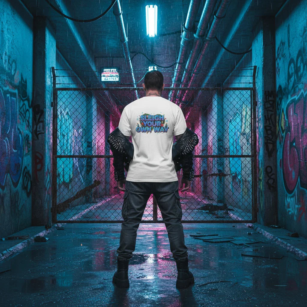 Man in white 'Sleigh Your Own Way' t-shirt stands in urban alley with graffiti and neon lights