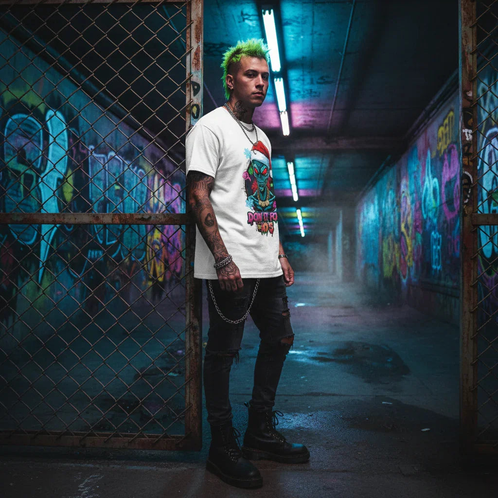 Tattooed man with neon green hair wearing graphic t-shirt in graffiti tunnel at night