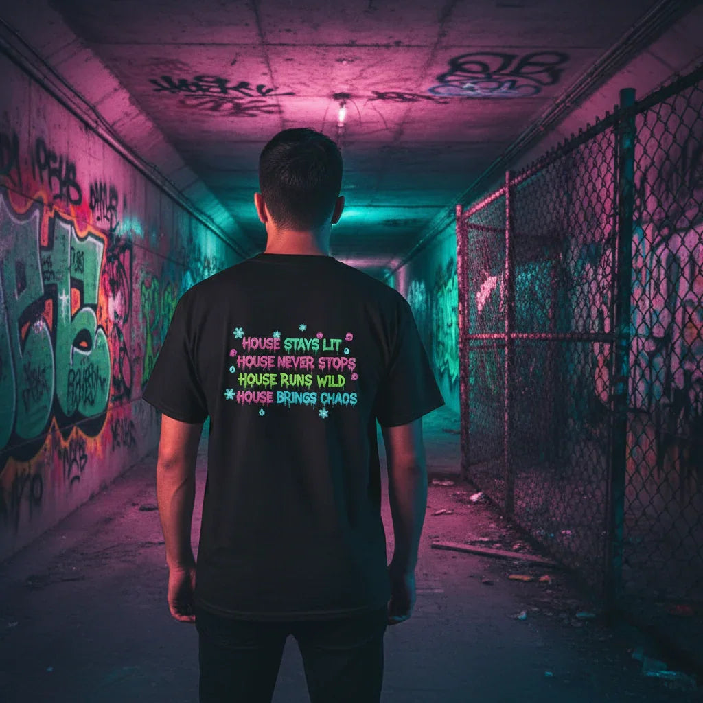 Man in graffiti tunnel wearing black graphic t-shirt with neon house music phrases