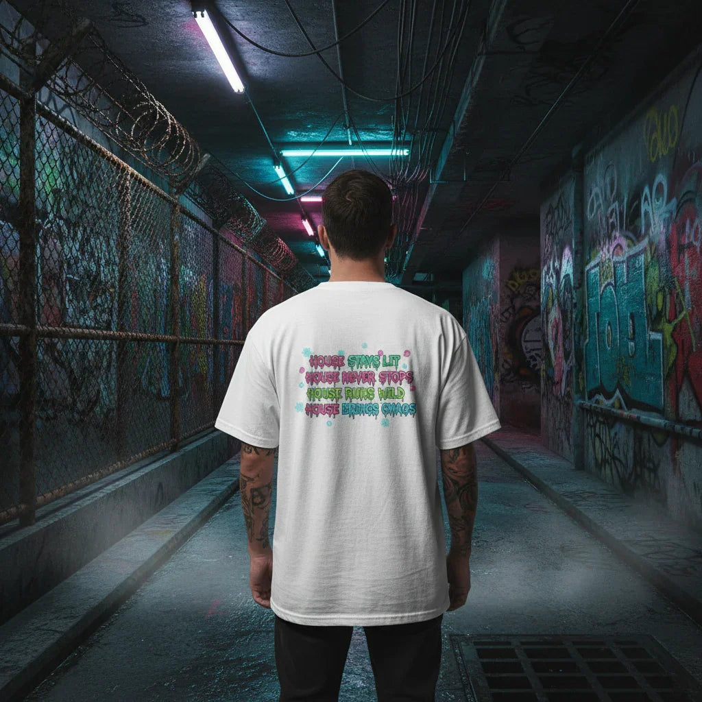 Man wearing graphic white t-shirt in urban graffiti alley, neon lights overhead