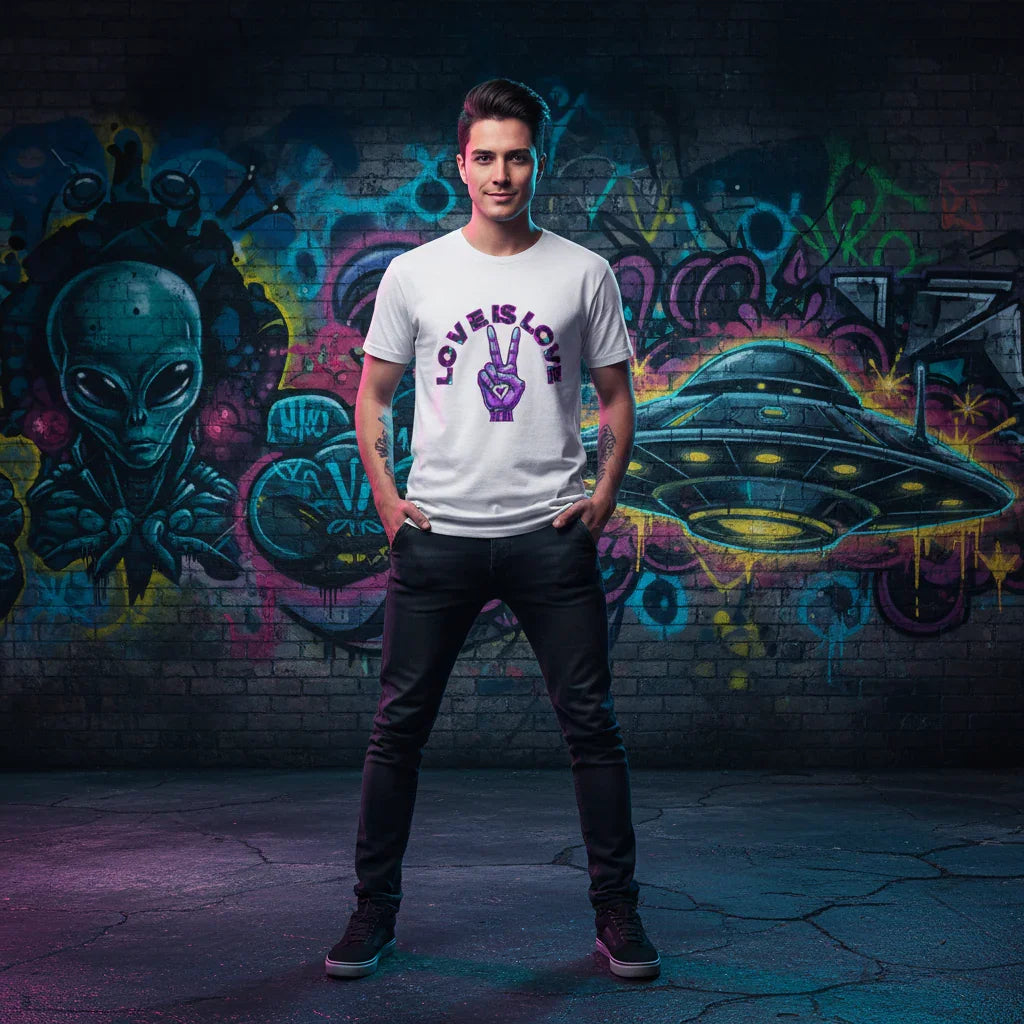 Man wearing Love Is Love t-shirt standing in front of alien and UFO graffiti mural
