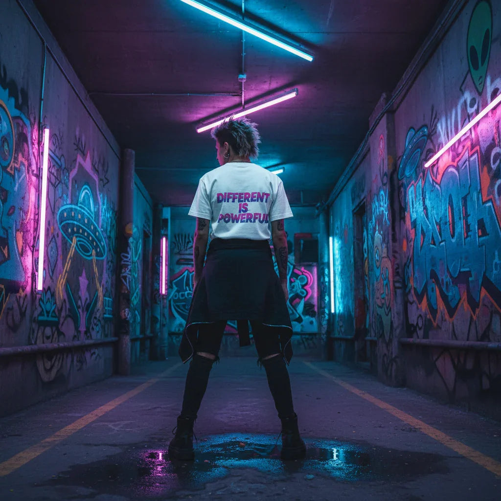 Person in 'Different is Powerful' shirt stands in neon-lit alley with graffiti walls