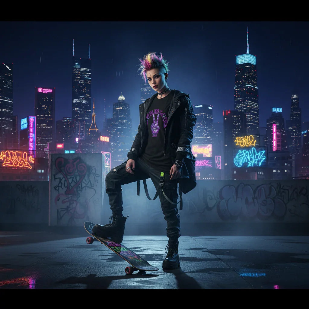 punk skater with colorful mohawk on rooftop at night, neon city and graffiti backdrop