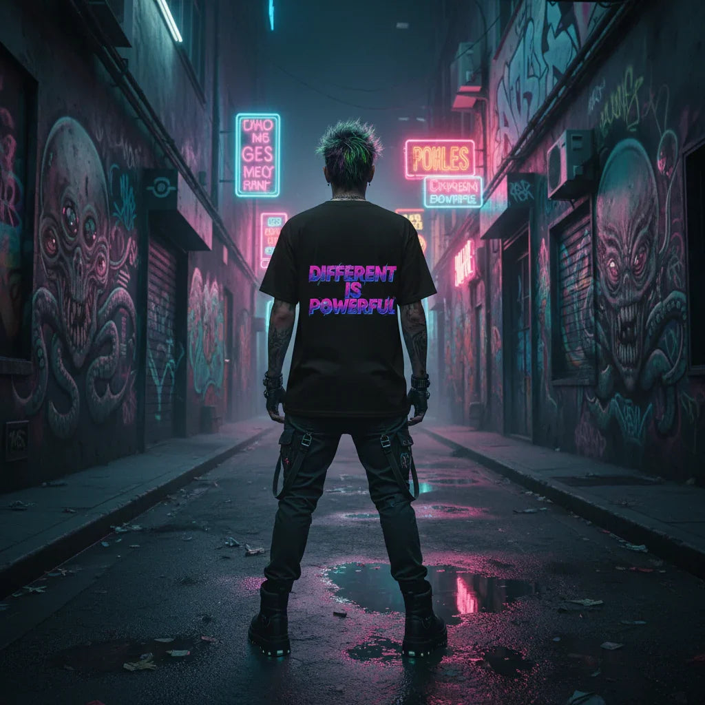 Edgy streetwear style, person in 'Different is Powerful' shirt in neon-lit graffiti alley
