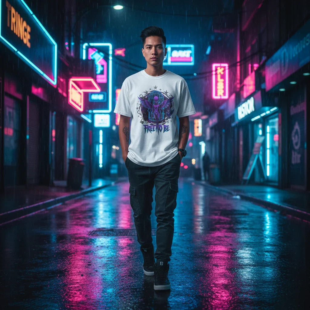 Man in graphic t-shirt walking in neon-lit city street at night, urban fashion style