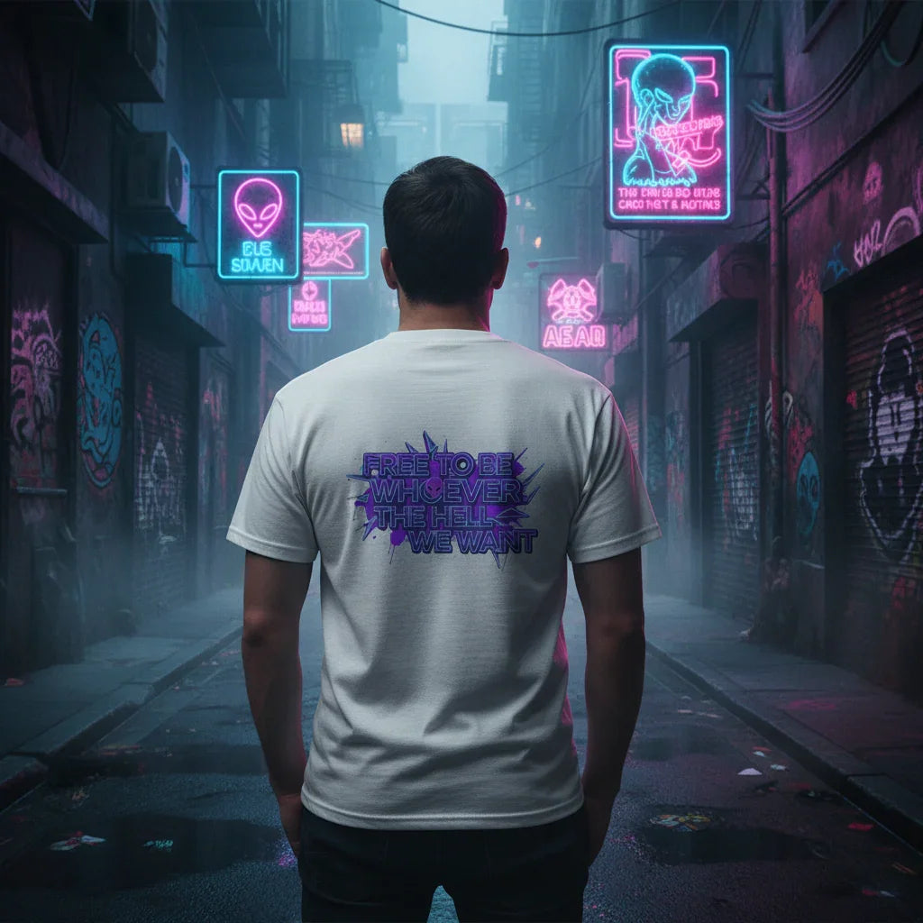 Man wearing graphic slogan t-shirt in neon-lit urban alley with graffiti and cyberpunk signs