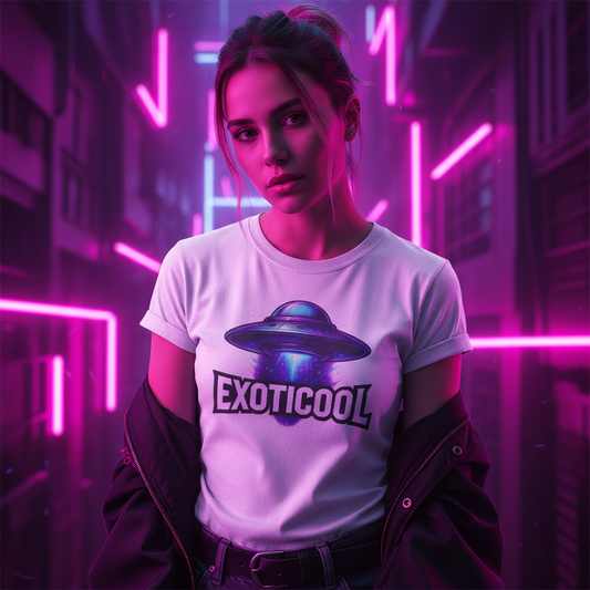 Young woman in white EXOTICOOL UFO graphic t-shirt, black jacket, neon purple urban background
