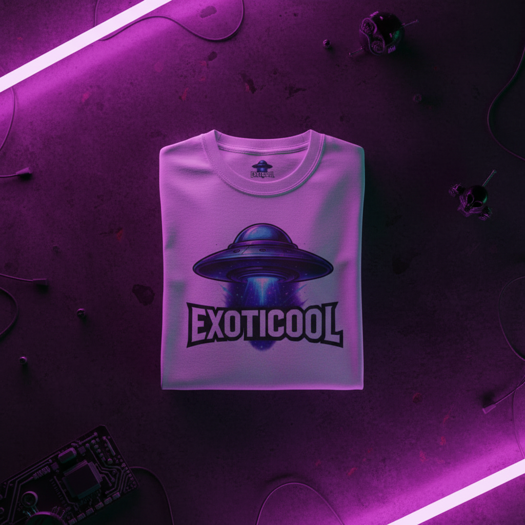 Folded white t-shirt with Alien UFO beam graphic and EXOTICOOL text, futuristic tech-themed flat lay