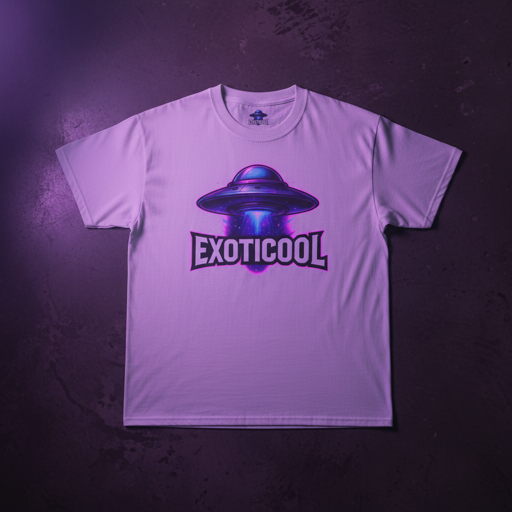 Purple t-shirt with a vibrant UFO graphic and bold EXOTICOOL text on dark textured background