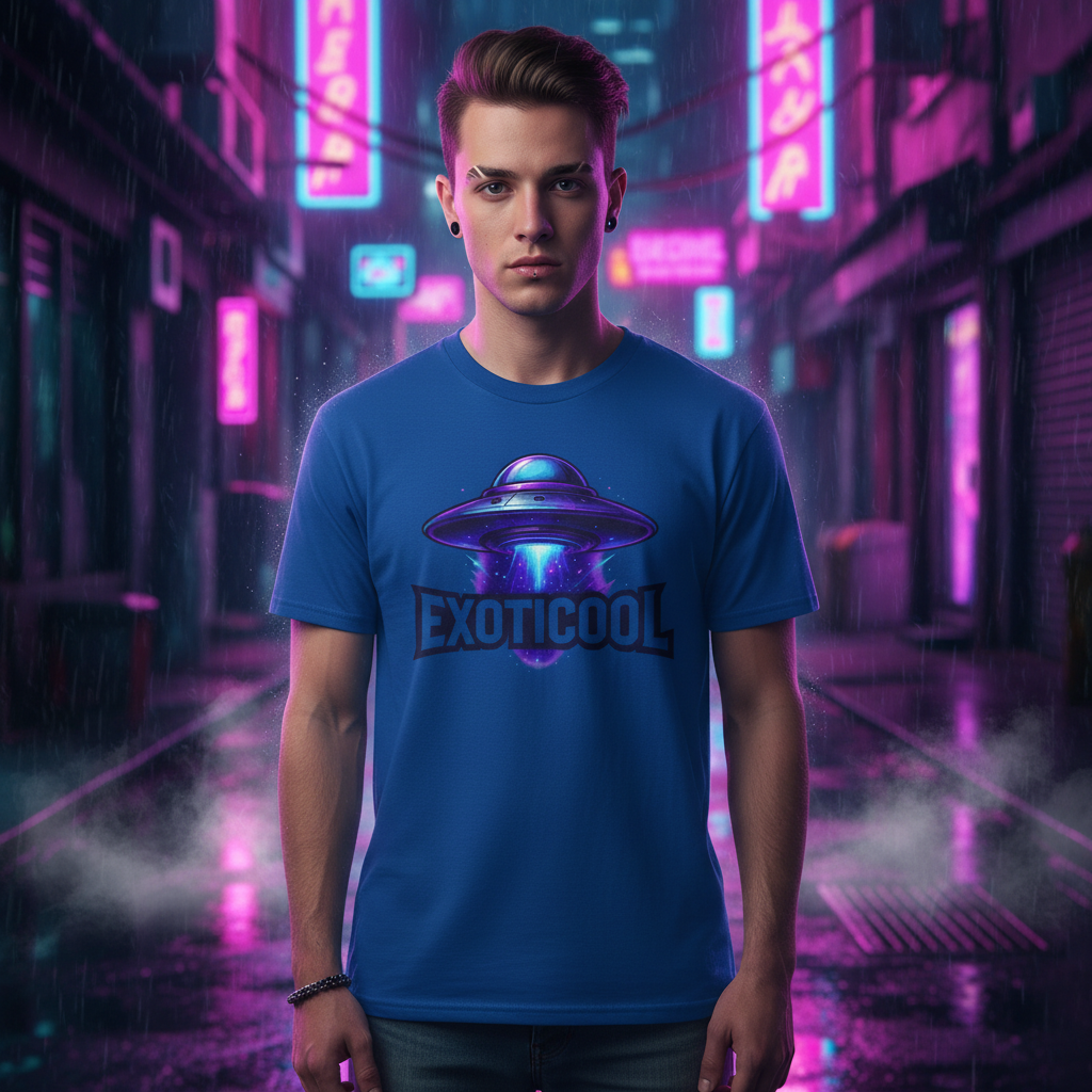 Young man in blue Exoticool t-shirt with UFO graphic in neon-lit rainy urban street