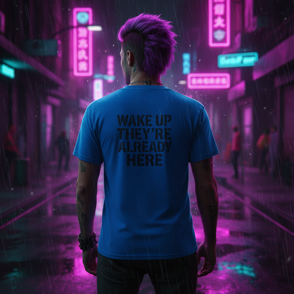 Man with purple mohawk wearing blue t-shirt with slogan in neon-lit rainy city street