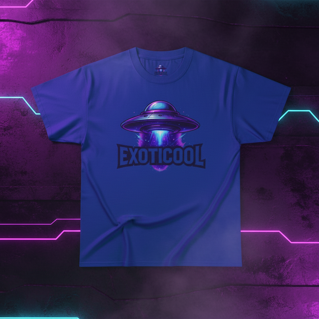 Blue t-shirt with glowing UFO and EXOTICOOL text, neon futuristic background