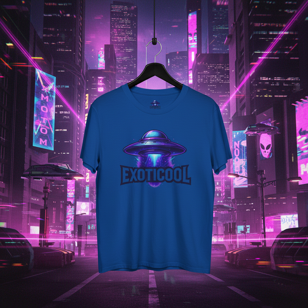 Blue t-shirt with UFO and EXOTICOOL text on hanger in neon-lit futuristic cityscape