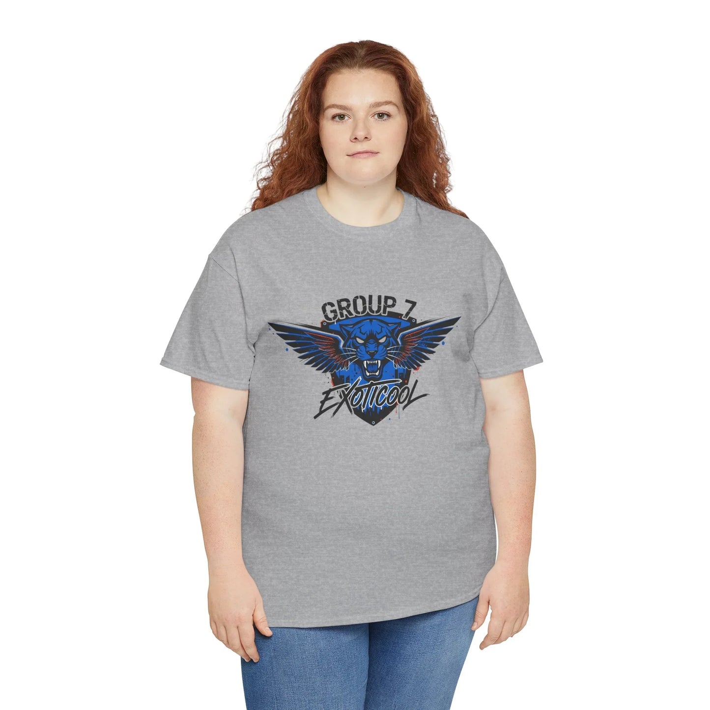Woman wearing a gray GROUP 7 ExoticooL graphic t-shirt with blue panther logo