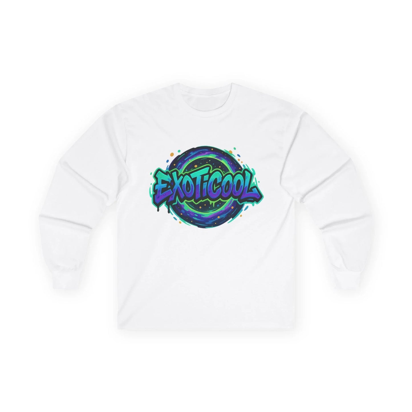 White long sleeve t-shirt with colorful EXOTICOOL graffiti logo on front