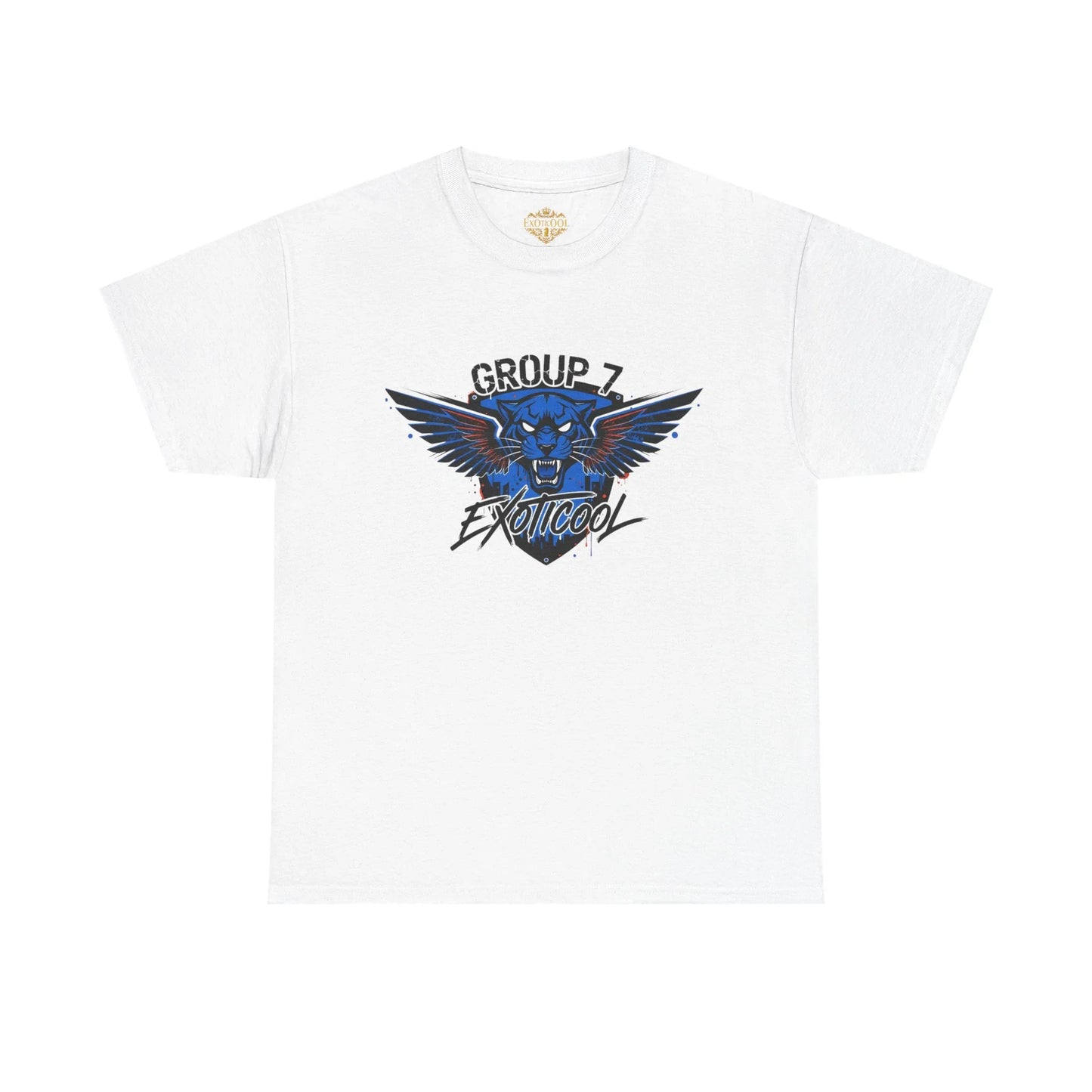 White t-shirt with Group 7 Exoticoool graphic, blue winged panther design