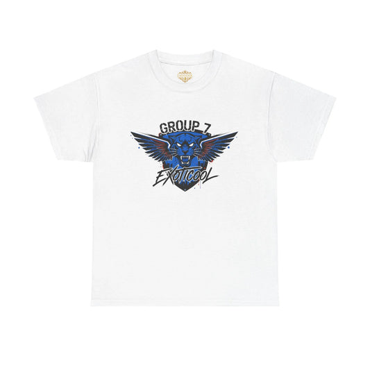 White t-shirt with Group 7 Exoticoool graphic, blue winged panther design