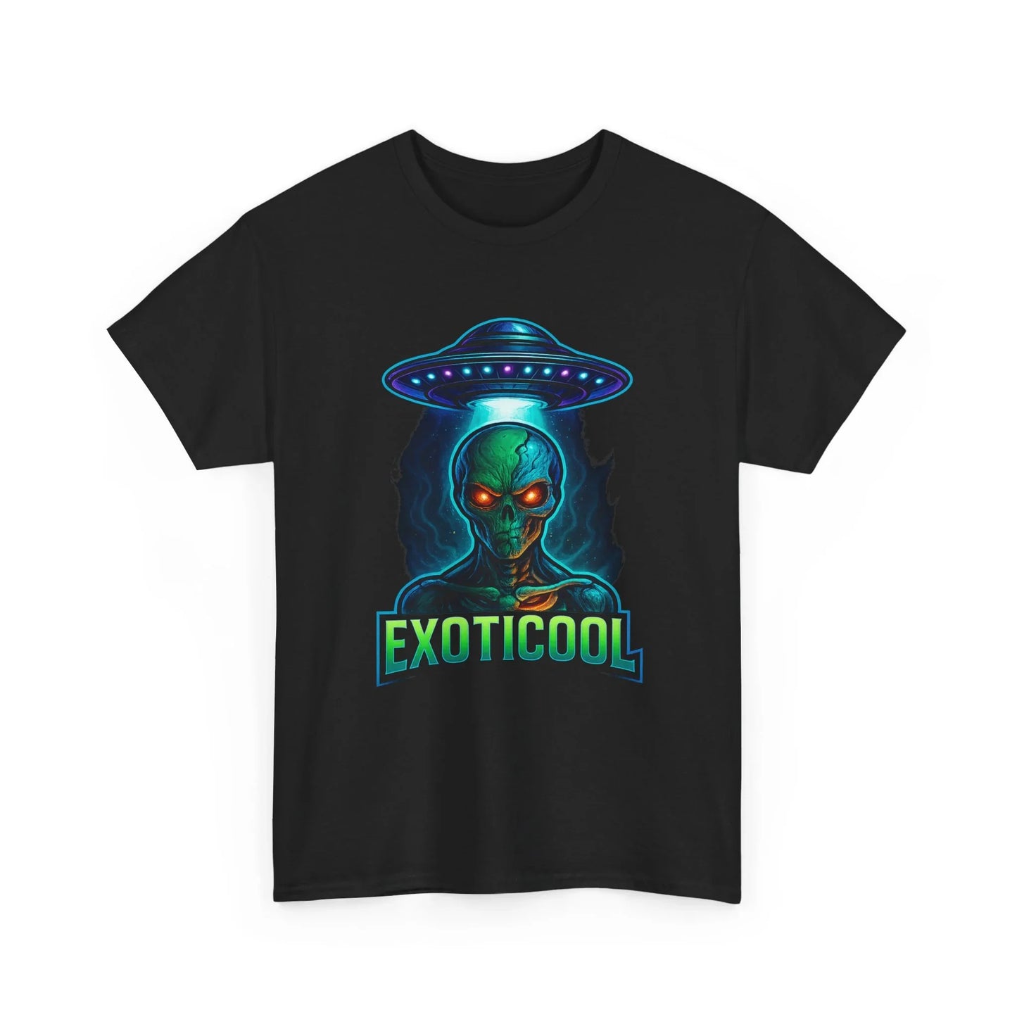 Black t-shirt with neon green alien, UFO, and EXOTICOOL text graphic design