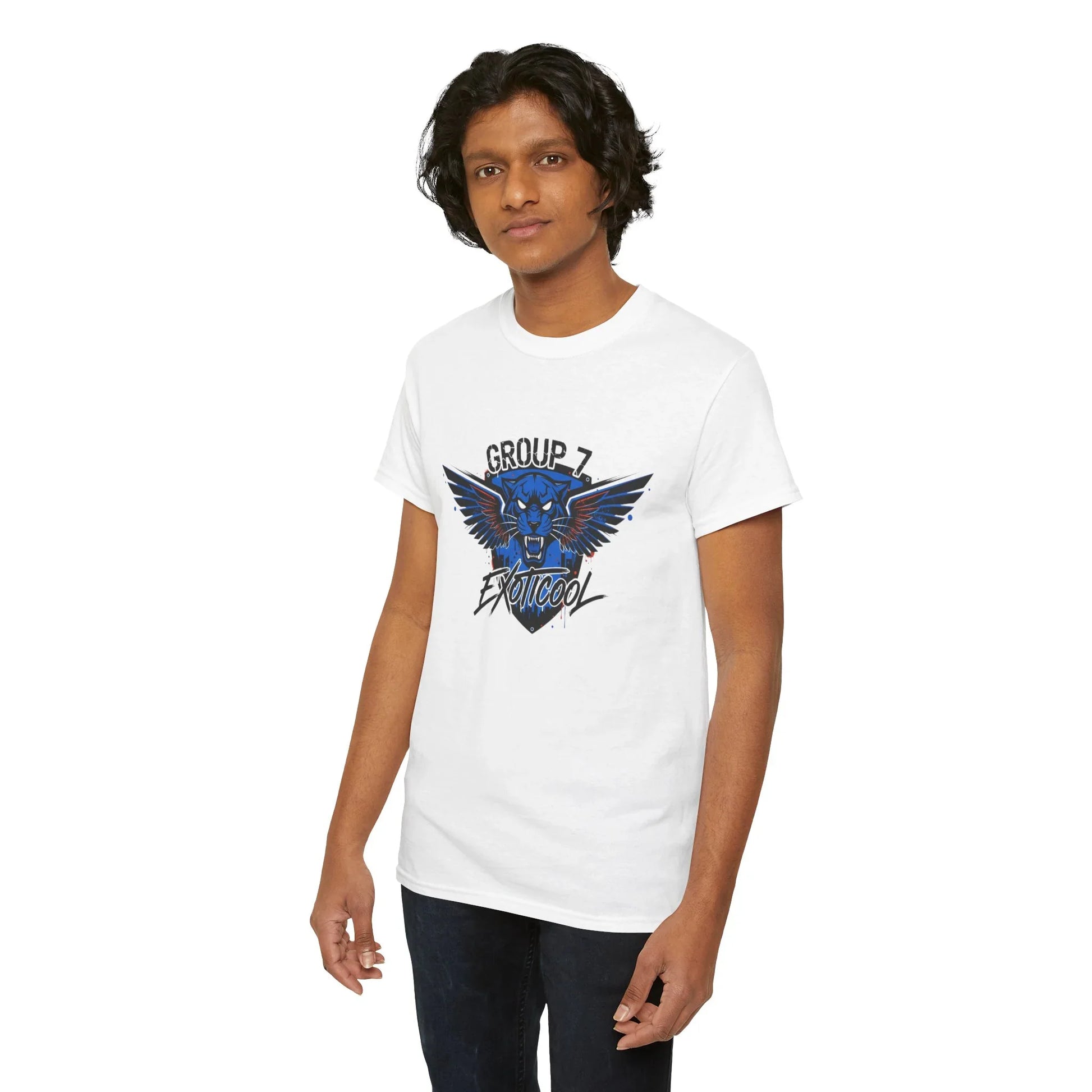 Man wearing white Group 7 Exoticoool graphic t-shirt with blue winged panther design