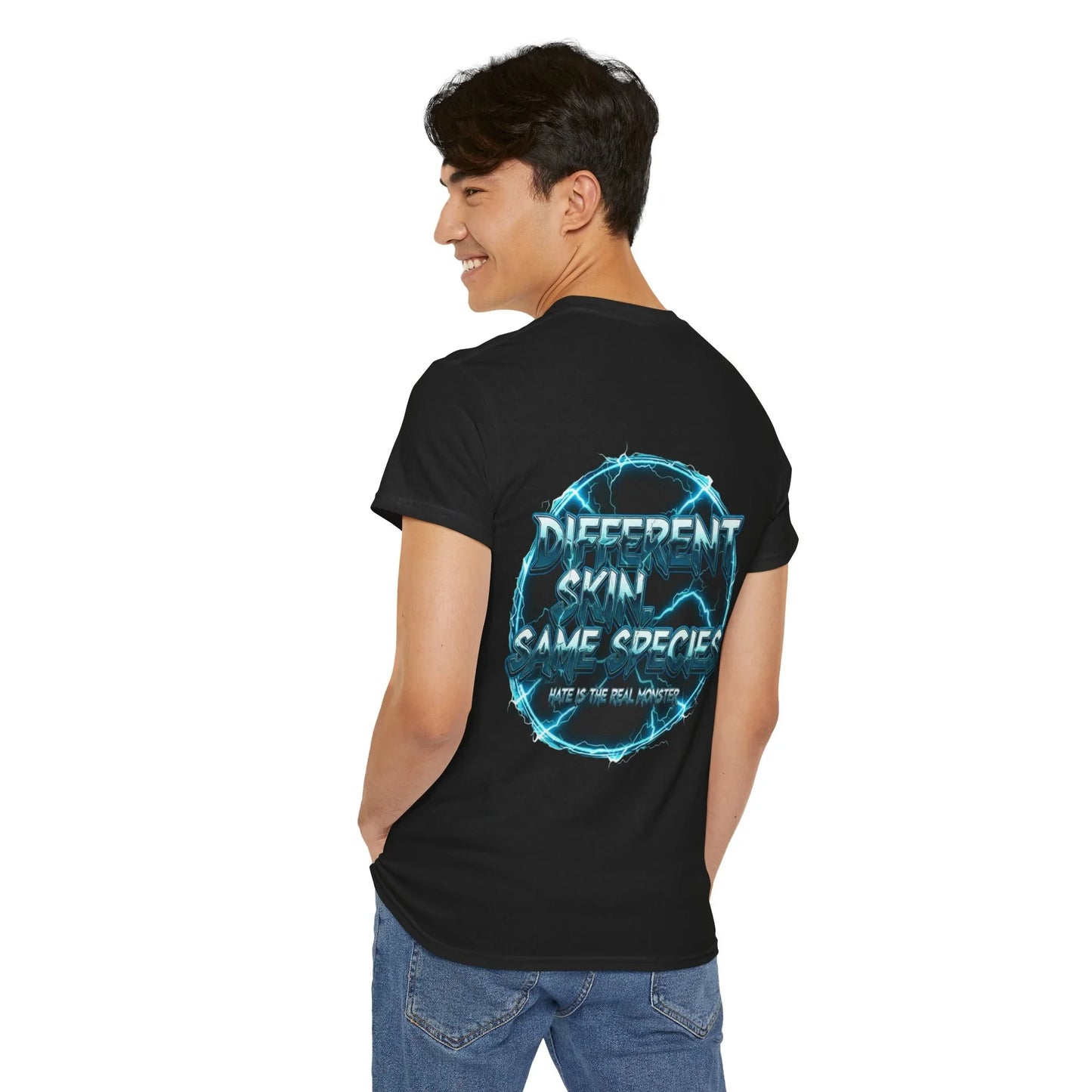 Man wearing black t-shirt with 'Different Skin Same Species' graphic and electric blue design