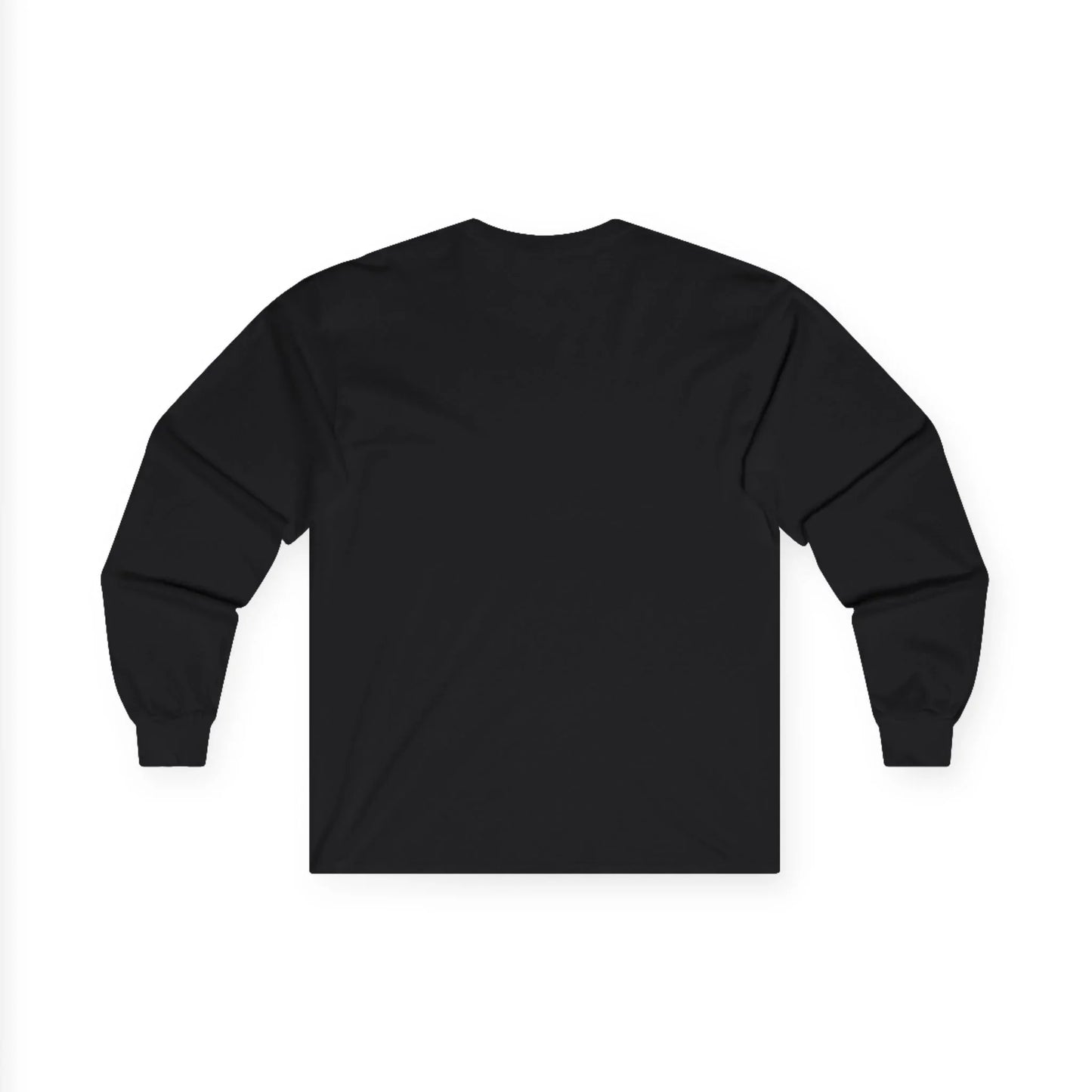 Black long sleeve crewneck shirt flat lay, plain back, unisex casual apparel