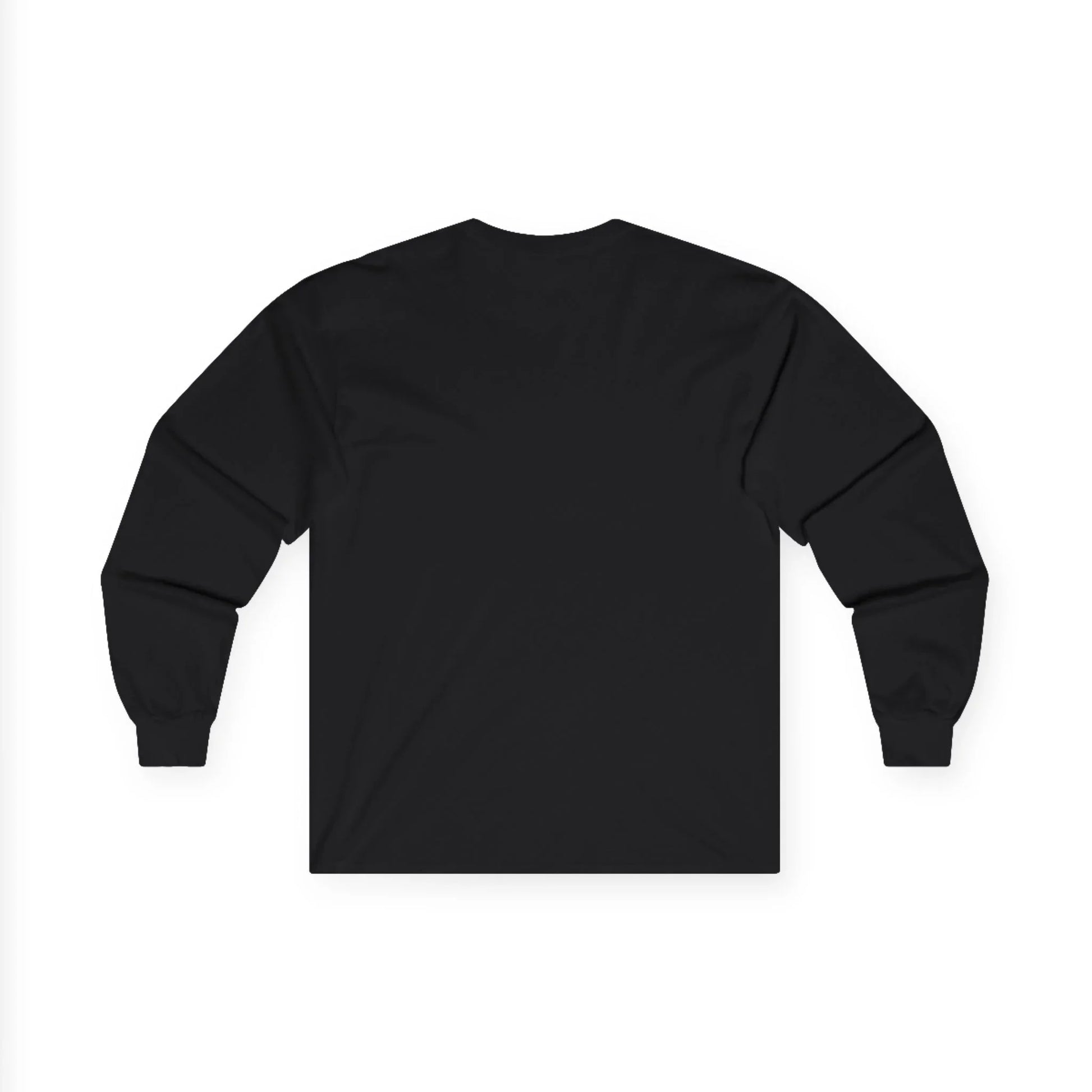 Black long sleeve crewneck shirt flat lay, plain back, unisex casual apparel