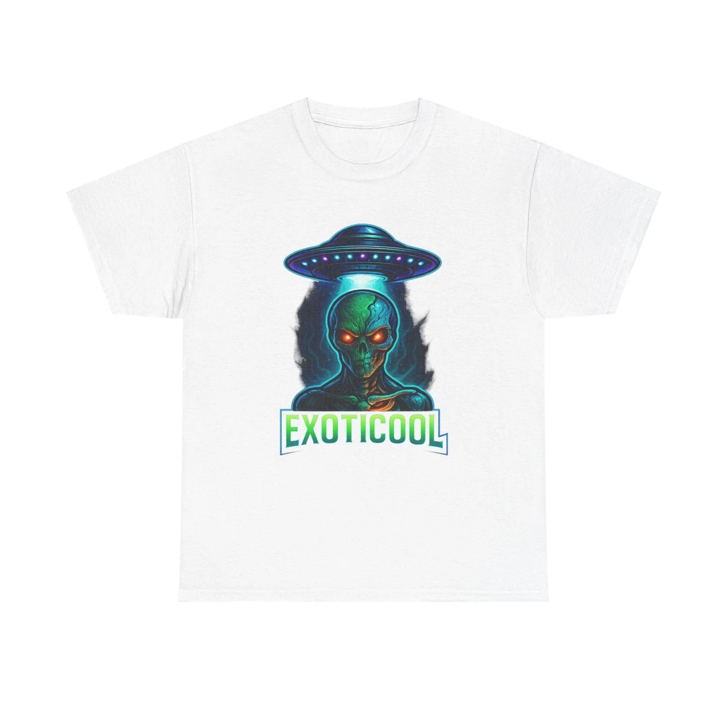 White t-shirt with alien and UFO graphic, glowing red eyes, EXOTICOOL text, streetwear style