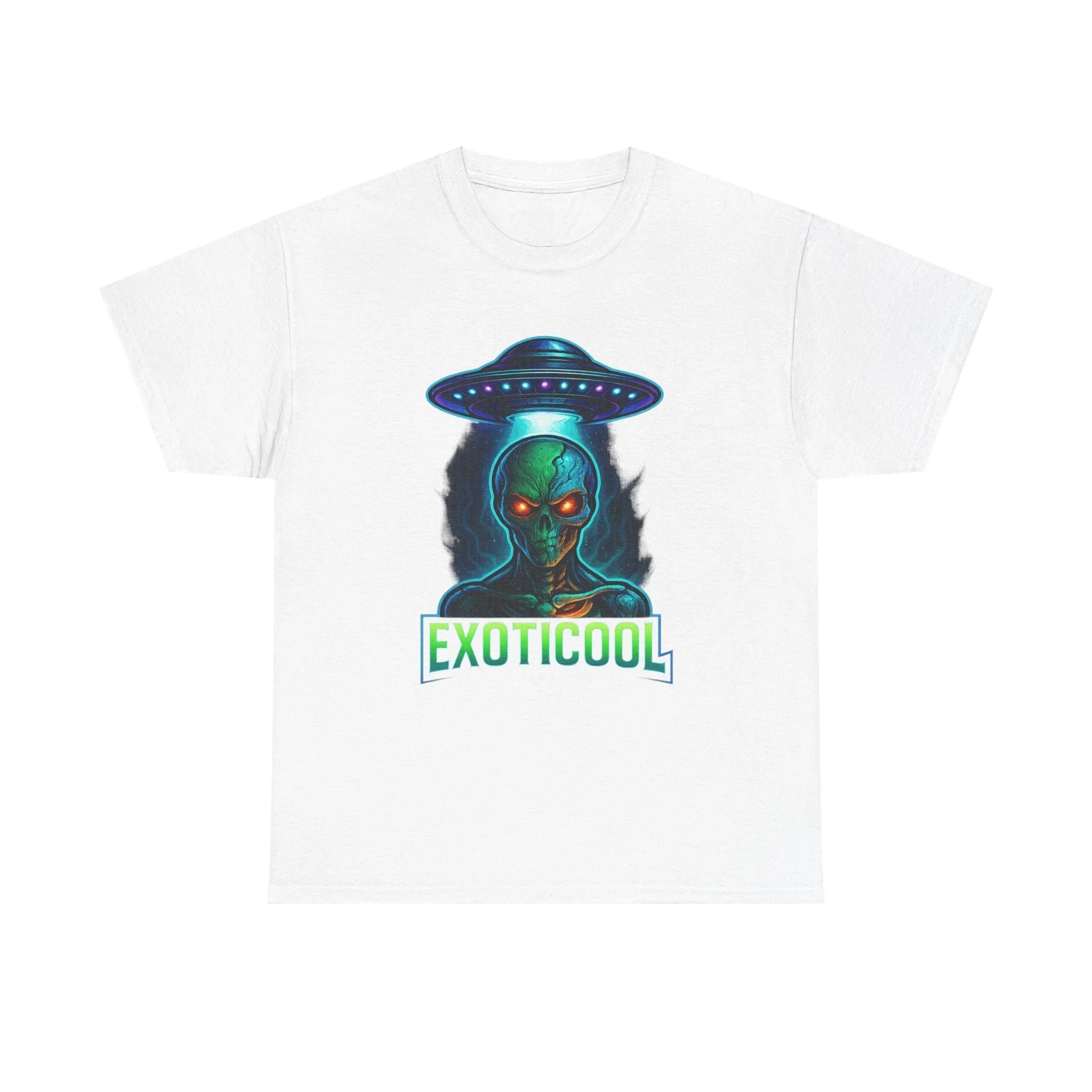 White t-shirt with alien and UFO graphic, glowing red eyes, EXOTICOOL text, streetwear style