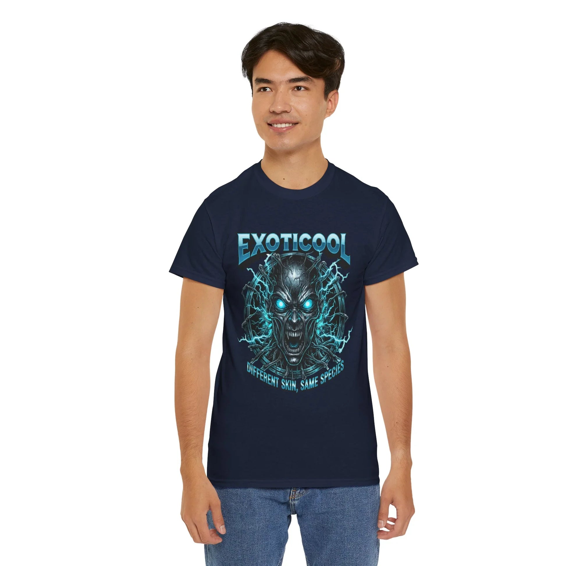 Man wearing navy EXOTICOOL graphic t-shirt with electric skull design and slogan