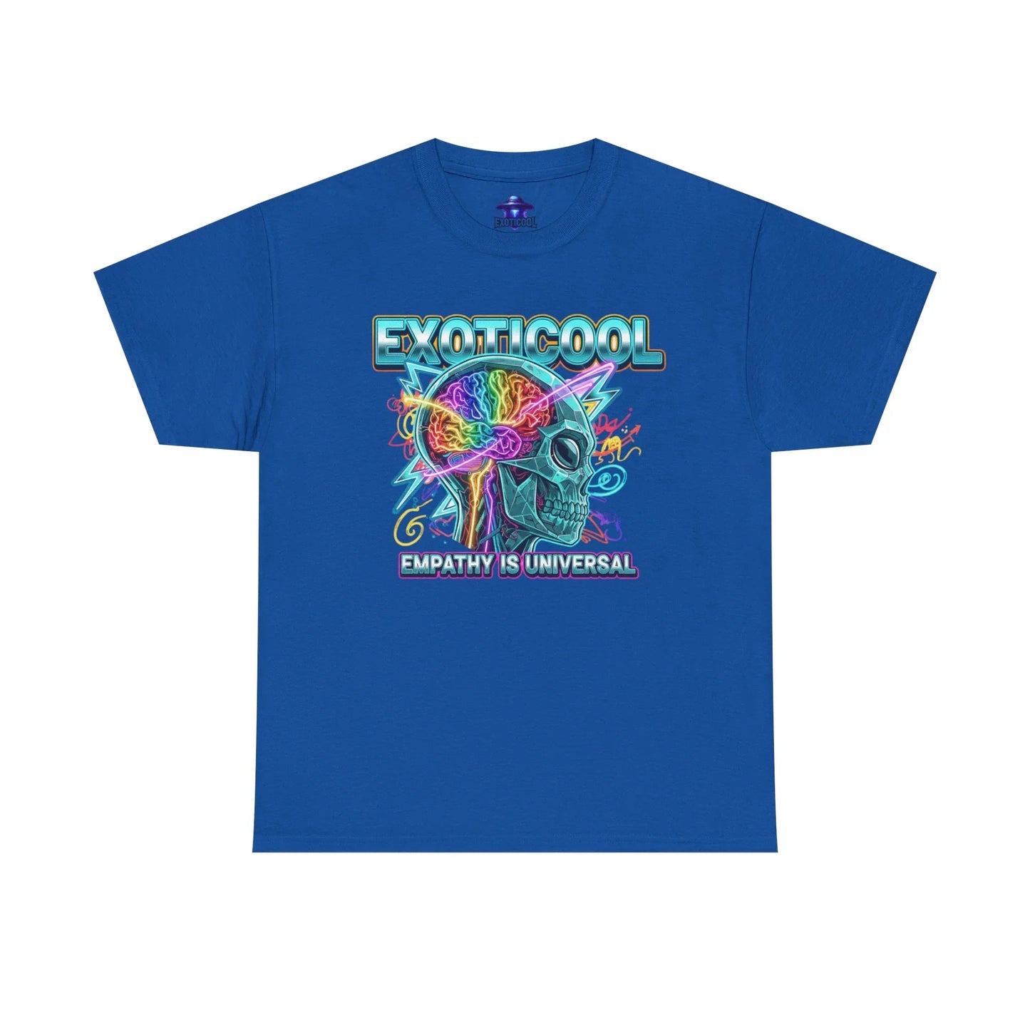 Blue t-shirt with neon skull and brain graphic, text 'EXOTICOOL' and 'Empathy Is Universal'.